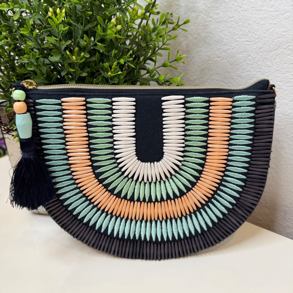 Stella & Dot Clutch Women Navy Beaded Embroidered Tassel Boho OS NWOT‎